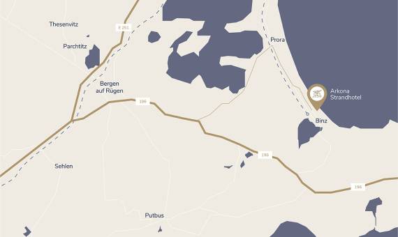 A map for the journey to the Arkona Strandhotel in the Baltic seaside resort of Binz on Rügen.